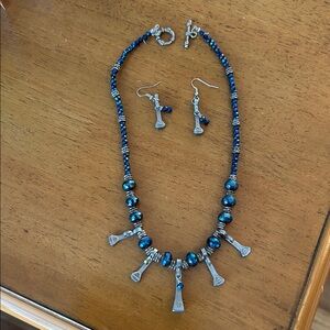 Elegant Blue and Silver Horse Shoe Nails Necklace and Earring Set